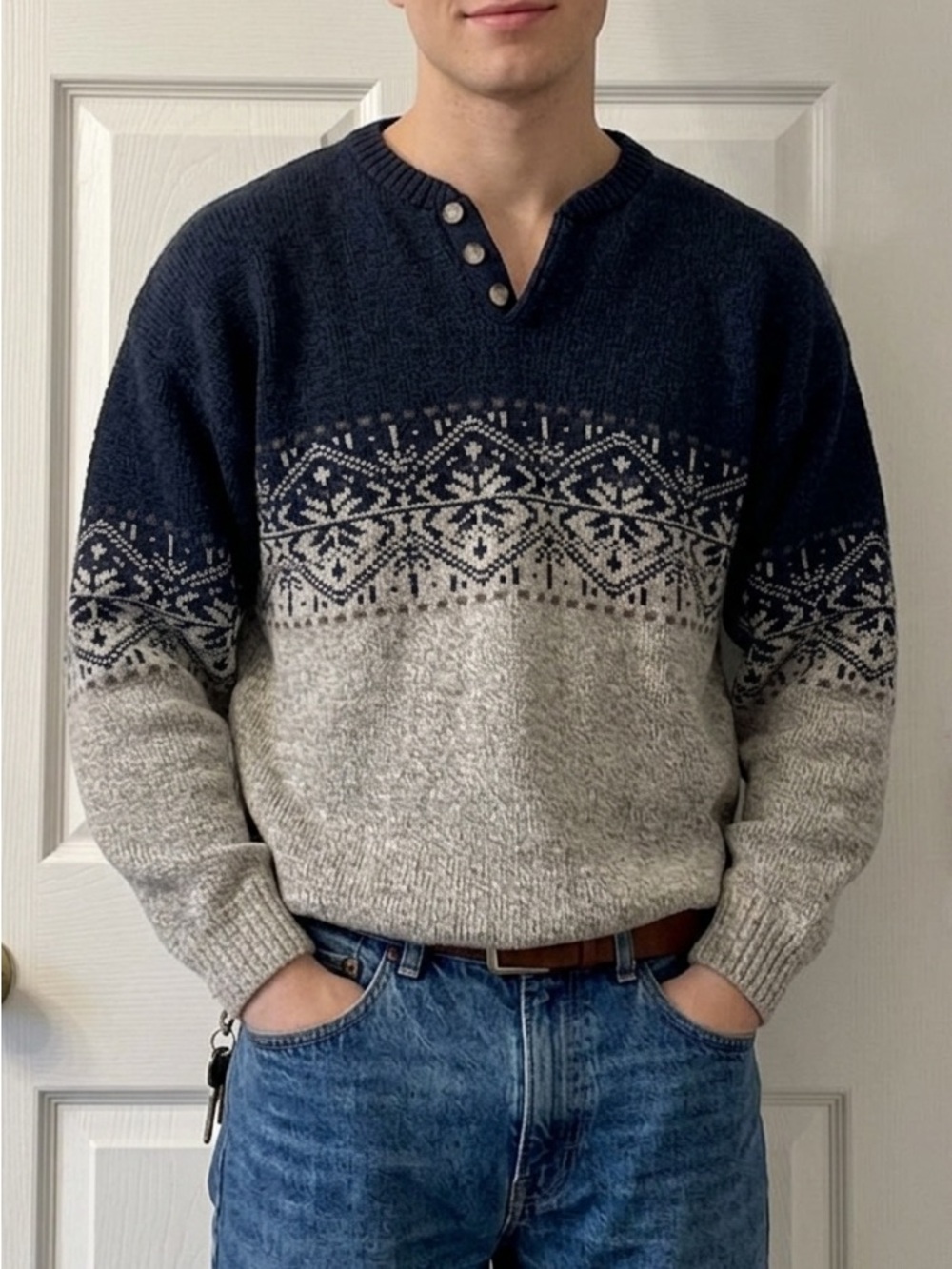 Mens Large Timber Trails Vintage Navy & Tan Sweater 90s